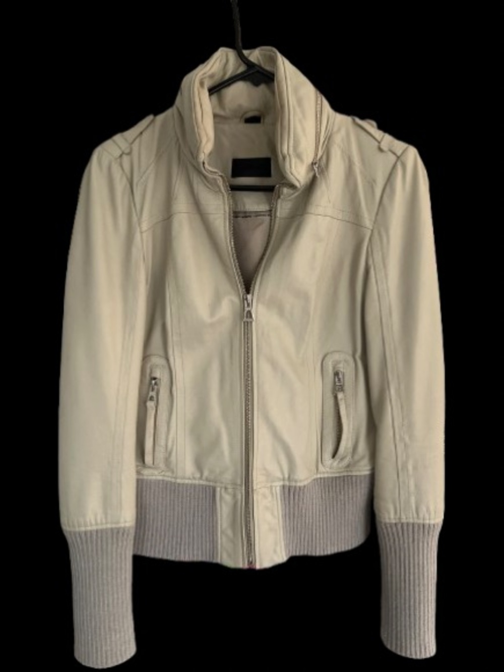 Rudsak Women’s Cream Leather Bomber Jacket with Rib Knit Trim